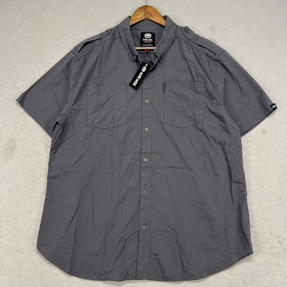 Ecko‎ Unltd. Mens 2XL Short Sleeve Button Down Shirt Gray Military Mechanic